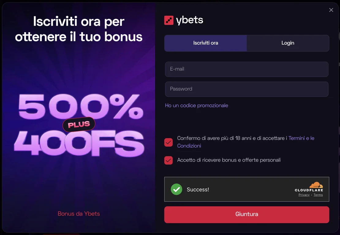 Registrazione su Ybets